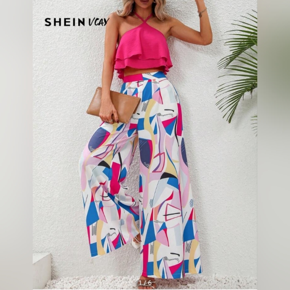SHEIN VCAY Geo Print Wide Leg Pants